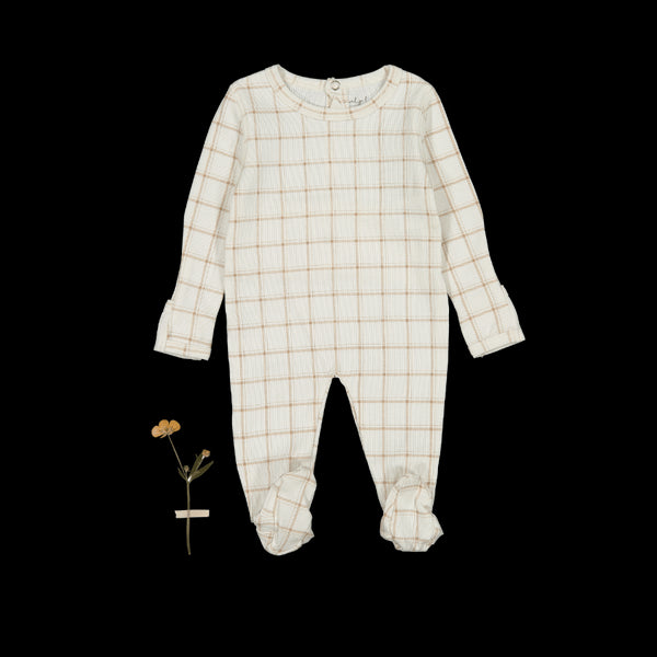 the-printed-romper-tan-grid Lovely Littles - Sophia's StyleBack Snap Romper-1
